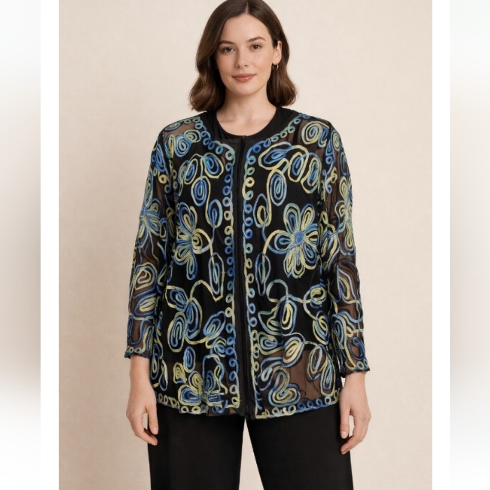 Life Style Black Mesh Zip-Front Jacket | Blue & Green Floral Embroidery | 2X